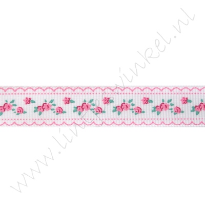 Alstublieft Zenuwinzinking Martelaar Lint bloemen 16mm - Roosjes Kant Wit Roze