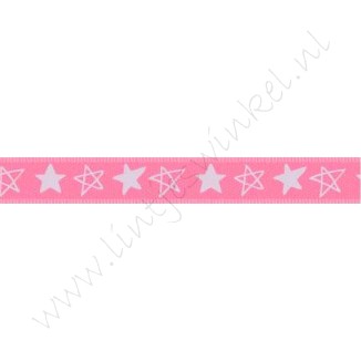 Satijnlint sterren 10mm - Pink Wit