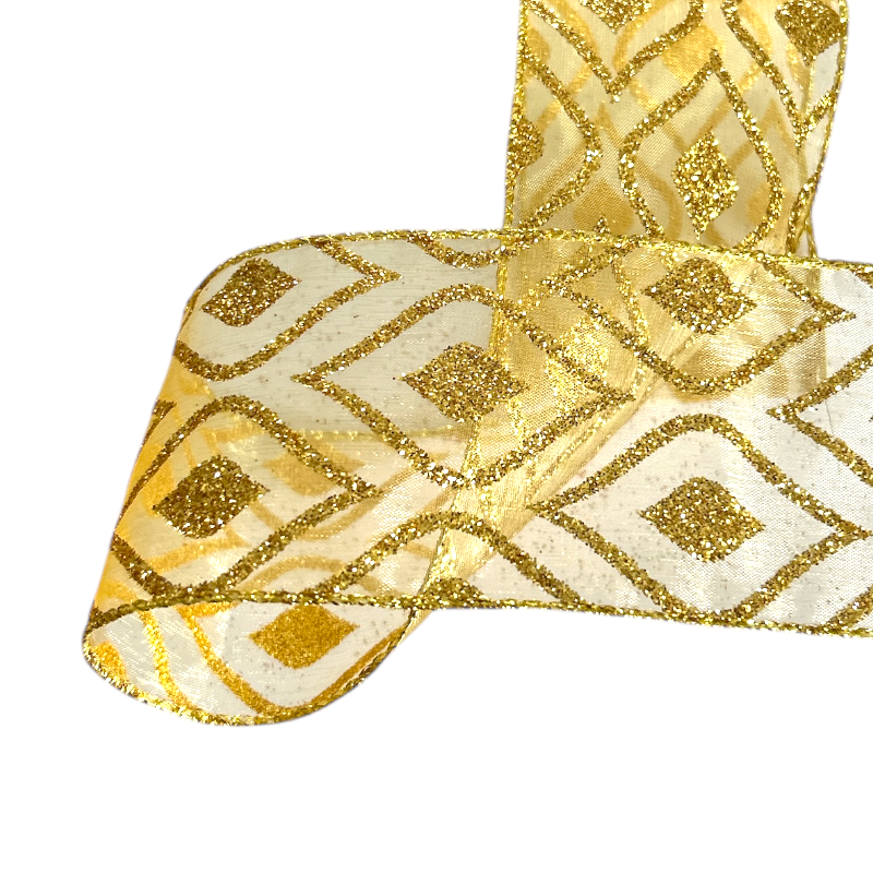 Band mit Drahtkante 63mm - Organza Vintage Tropfen Gold Glanz Glitzer (Rolle 5 Meter) Band mit Drahtkante 63mm - Organza Vintage Tropfen Gold Glanz Glitzer (Rolle 5 Meter)