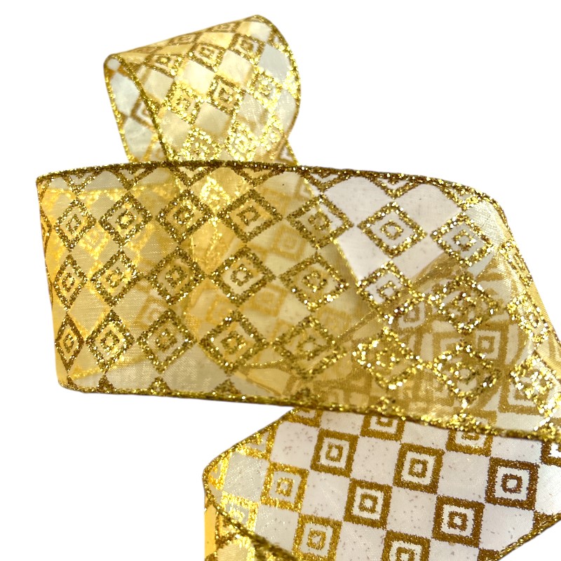 Band mit Drahtkante 63mm - Organza Vintage Karo Quadrat Klein Gold Glanz Glitzer (Rolle 5 Meter) Band mit Drahtkante 63mm - Organza Vintage Karo Quadrat Klein Gold Glanz Glitzer (Rolle 5 Meter)
