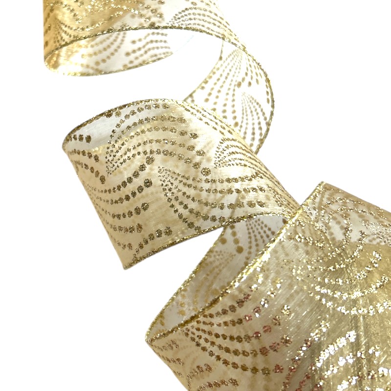 Band mit Drahtkante 63mm - Organza Vintage Fächer Hell Gold Champagne Glanz Glitzer (Rolle 5 Meter) Band mit Drahtkante 63mm - Organza Vintage Fächer Hell Gold Champagne Glanz Glitzer (Rolle 5 Meter)