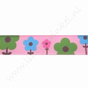 Lint bloemen 16mm (rol 22 meter) - Pink Groen