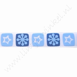 Kerstlint 16mm (rol 22 meter) - Sneeuwvlok Wit Blauw