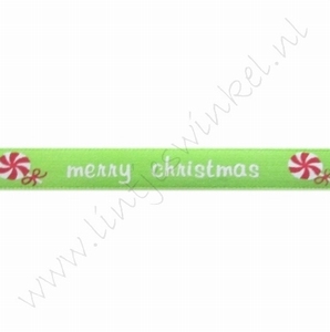 Kerstlint Satijn 10mm (rol 22 meter) - Merry Christmas Appelgroen Wit