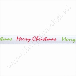 Kerstlint Satijn 10mm (rol 22 meter) - Merry Christmas Wit Rood Appelgroen
