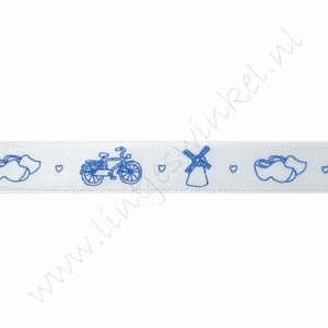 Satinband Hollandia 12mm (Rolle 22 Meter) - Delfts Blau Fahrrad Holzschuh Mühle