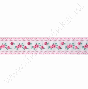 Lint bloemen 16mm (rol 22 meter) - Rozen Kant Wit Roze