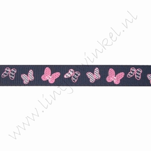 Lint met print 10mm (rol 22 meter) - Vlinders Marine Roze