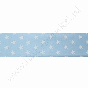 Satijnlint sterren 22mm (rol 22 meter) - Licht Blauw Wit