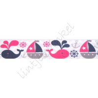 Lint met print 22mm - Walvis Zeilboot Pink Marine