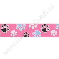 Lint met print 22mm - Pootafdruk Pink Blauw Zwart Wit