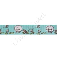 Lint met print 16mm - Schaapjes Licht Turquoise