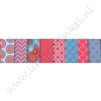 Lint met print 25mm - Blox Blauw Rood Roze