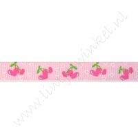 Lint met print 10mm - Hartenkersjes Roze