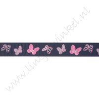 Lint met print 10mm - Vlinders Marine Roze