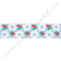 Lint met print 22mm - Aarbei Wit Blauw