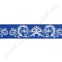 Lint met print 22mm - Krullen Blauw Wit Zilver