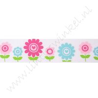 Ripsband Blumen 25mm - Weiß Aqua Pink