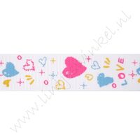 Ripsband Herzen 25mm - Love Kreide Weiß Pink Gelb Blau