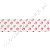 Lint met print 25mm - Mini Vogels Mosgroen Roze