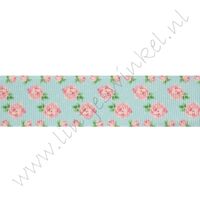 Ripsband Blumen 25mm - Rosen Aqua Rosa