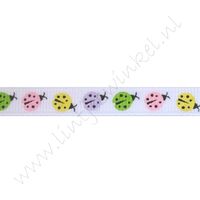 Lint met print 10mm - Lieveheersbeestjes Geel Roze Groen