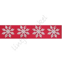 Kerstlint 22mm - Sneeuwvlok Rood Zilver