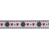 Kerstlint 16mm - Stitch Sneeuwvlok Harten Wit Zwart Rood