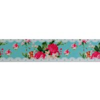 Lint bloemen 22mm - Rozen Kant Turquoise Pink Wit