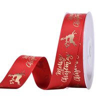 Kerstlint 25mm - Merry Christmas Rendier Rood Goud