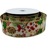 Band mit Drahtkante 25mm - Stechpalme Beeren Naturel Gold