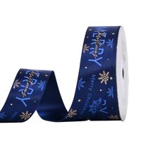 Kerstlint Satijn 25mm - Merry Christmas Sneeuwvlok Marine Blauw Goud