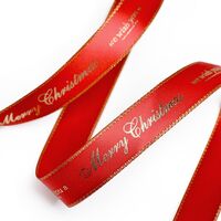 Kerstlint Satijn 16mm - We Wish You a Merry Christmas Rood Goud