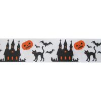 Lint Herfst Halloween 25mm - Halloween Spookkasteel Kat Pompoen Wit