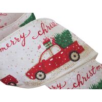 Lint met Draad 63mm - Merry Christmas Kerst Truck Bus Creme Rood Goud