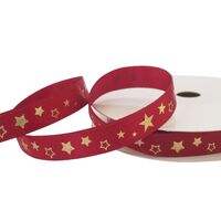 Satinband Weihnachten 10mm (Rolle 10 Meter) - Metallic Stern Dunkel Rot Gold Glitzer