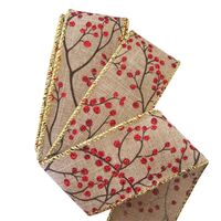 Lint met Draad 38mm - Kersttakken Bessen Kerstlint Linnen Rood Goud (Rol van 3 Meter)