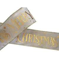 Band mit Drahtkante 63mm - Weihnachten Jute Leinen Merry Christmas Gold