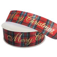 Kerstlint 22mm (rol 10 meter) - Schotse Ruit Merry Christmas Rood Goud Folie Glans