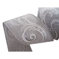 Lint met Draad 63mm - Linnen Licht Grijs Zilver Wit Glitter Swirls (Rol van 3 Meter)