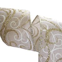 Lint met Draad 50mm - Licht Bruin Wit Goud Glitter Swirls (Rol van 3 Meter)