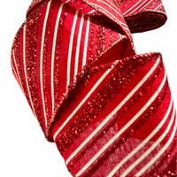 Lint met Draad 63mm - Kerstlint Diagonale Strepen Rood Wit Glitter (Rol van 3 Meter)