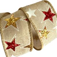 Lint met Draad 38mm - Rood Wit Goud Glitter Sterren Linnen (Rol van 3 Meter)