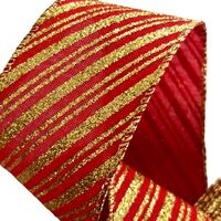 Lint met Draad 50mm - Linnen Rood Goud Glitter Gestreept Kerst Lint (Rol van 3 Meter)
