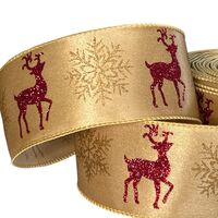 Lint met Draad 63mm - Rendier Sneeuwvlok Goud Rood Glitter (Rol van 3 Meter)