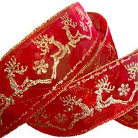 Lint met Draad 63mm - Organza Rendieren Rood Goud Glitter (Rol van 5 Meter)