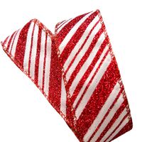 Lint met Draad 38mm - Satijn Schuine Streep Wit Rood Glitter (Rol van 3 Meter)