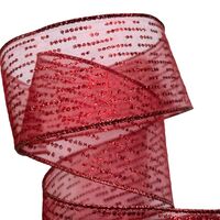Lint met Draad 63mm - Organza Stippen Streepjes Bordeaux Rood Glitter (Rol van 5 Meter)
