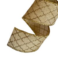 Band mit Drahtkante 38mm - Klassisches Karo Hell Braun Gold Glitzer (Rolle 3 Meter)