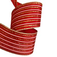 Lint met Draad 63mm - Satijn Strepen Rood Wit Goud Glitter (Rol van 3 Meter)